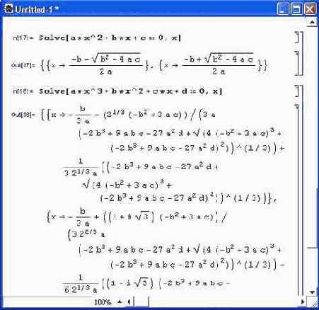 Система Mathematica решает квадратное и кубическое уравнения